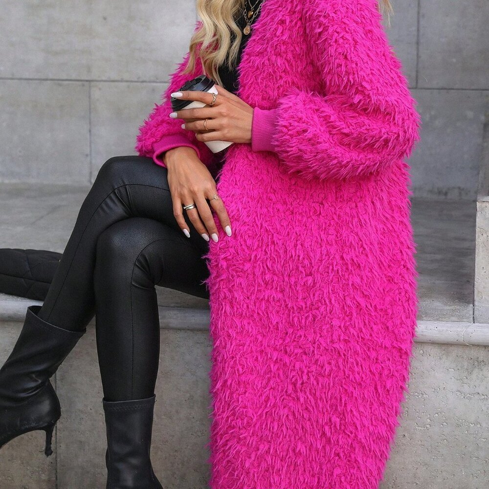 Hot Pink Casual Women's Mid-Length Faux Mink Fur Coat - Picture 3 of 6